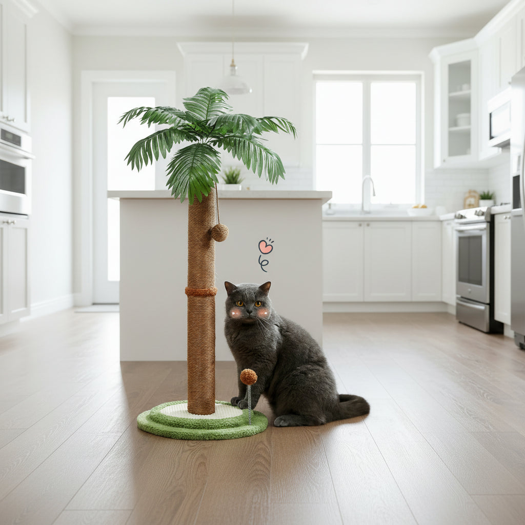 Chat intrigué par la balle rebond de son Griffoir à chat 