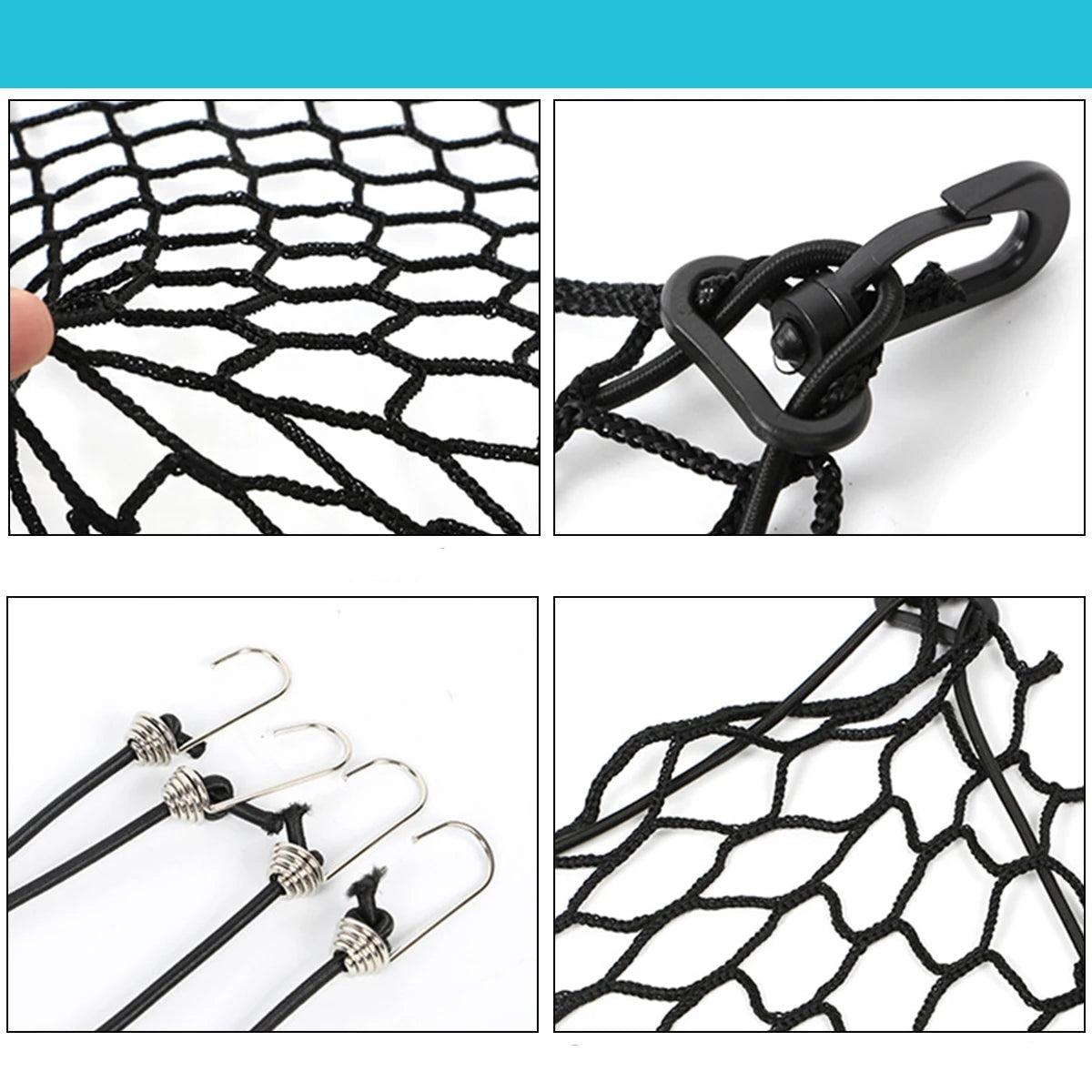 détail des mailles élastiques noires, mousqueton rotatif et crochets métalliques de fixation