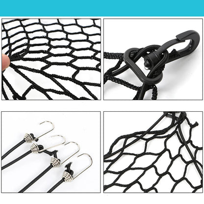 détail des mailles élastiques noires, mousqueton rotatif et crochets métalliques de fixation