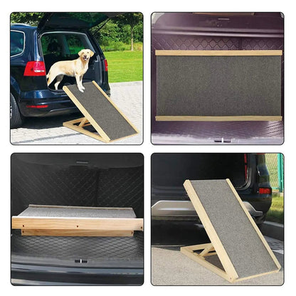 Rampe chien pour voiture en bois présentée avec ses différentes hauteurs et positions réglables