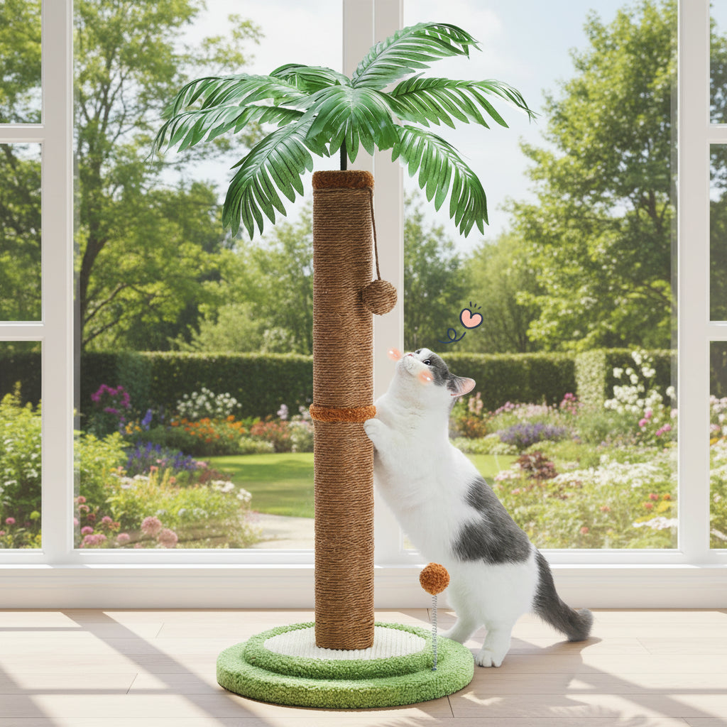 Chat s'amuse avec la balle de son Griffoir à chat devant la fenêtre