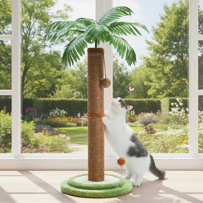 Chat s'amuse avec la balle de son Griffoir à chat devant la fenêtre