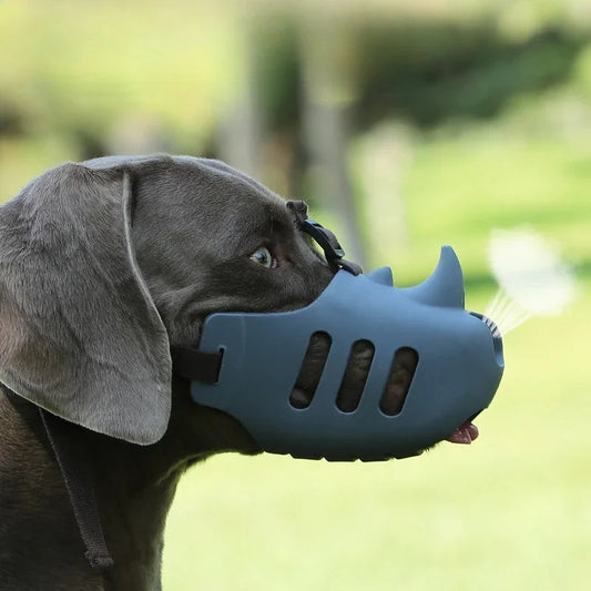 Muselière chien anti aboiement en silicone gris portée par un chien noir en extérieur