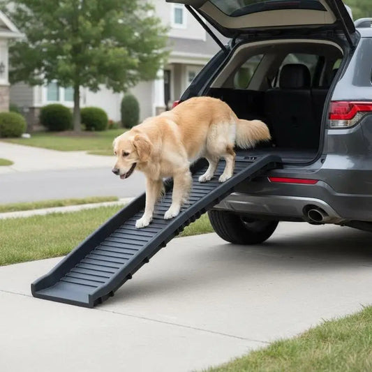 Rampe voiture pour chien utilisée par un labrador pour descendre du coffre d’un SUV