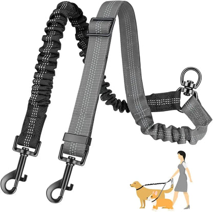 1.6ft Long Dual Dog Leash Attachment - Double Leashes for Training Small to Large Dogs - Adjustable Strap Shock Absorbing Bungee Royaume Animalier