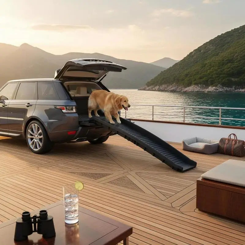 Rampe voiture pour chien déployée derrière un véhicule lors d’un voyage