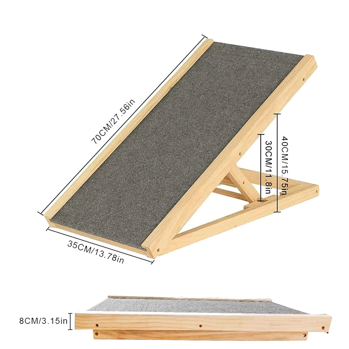 Rampe chien pour voiture réglable en bois inclinée présentée en perspective sur fond blanc