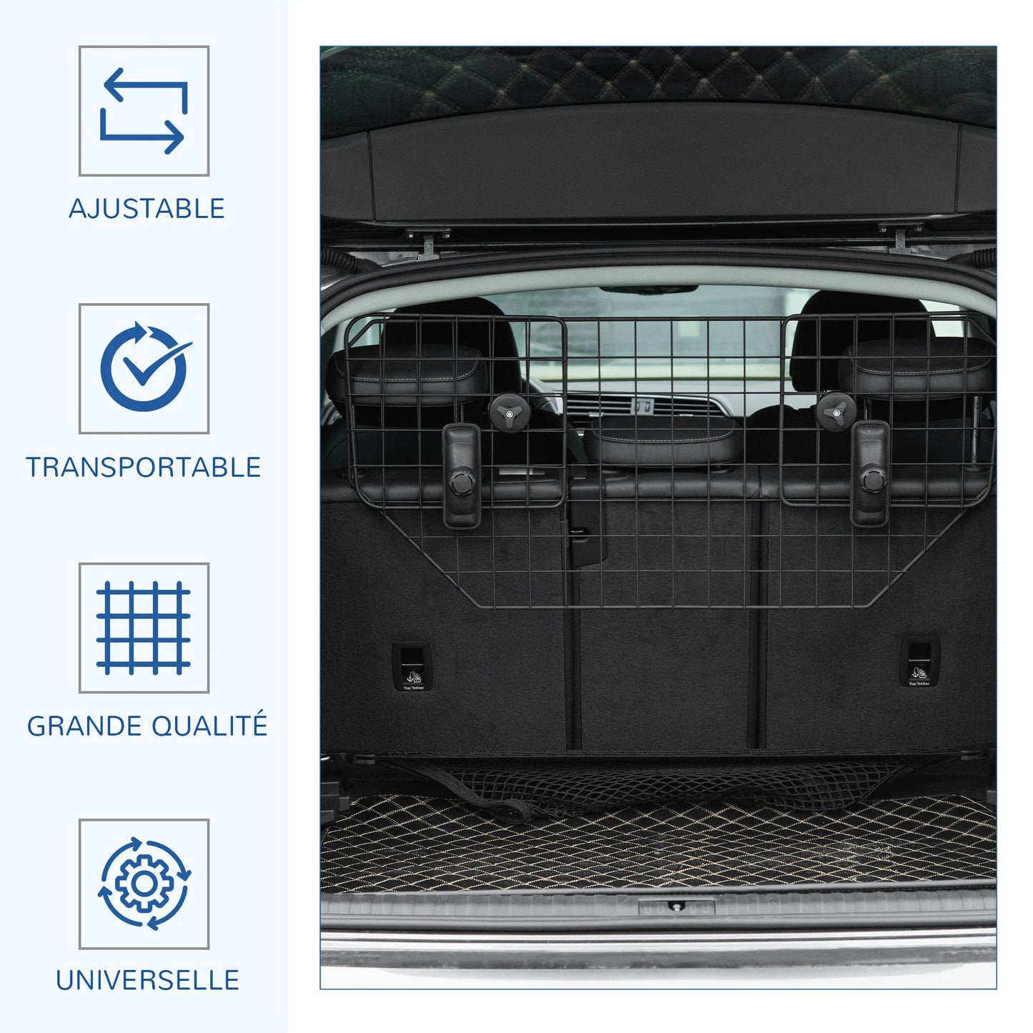 Grille de séparation voiture chien – caractéristiques : réglable, solide, installation sans outil