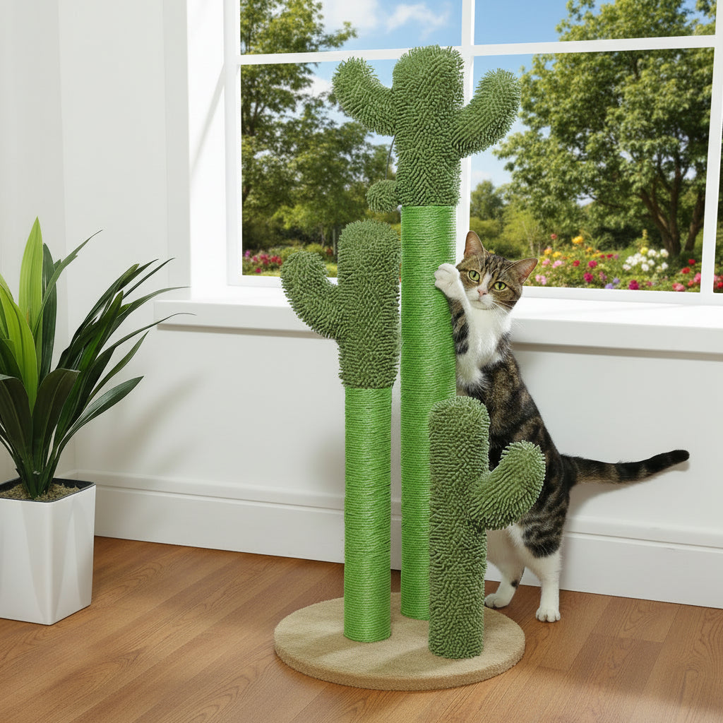Griffoir cactus avec deux poteaux à griffer en sisal naturel