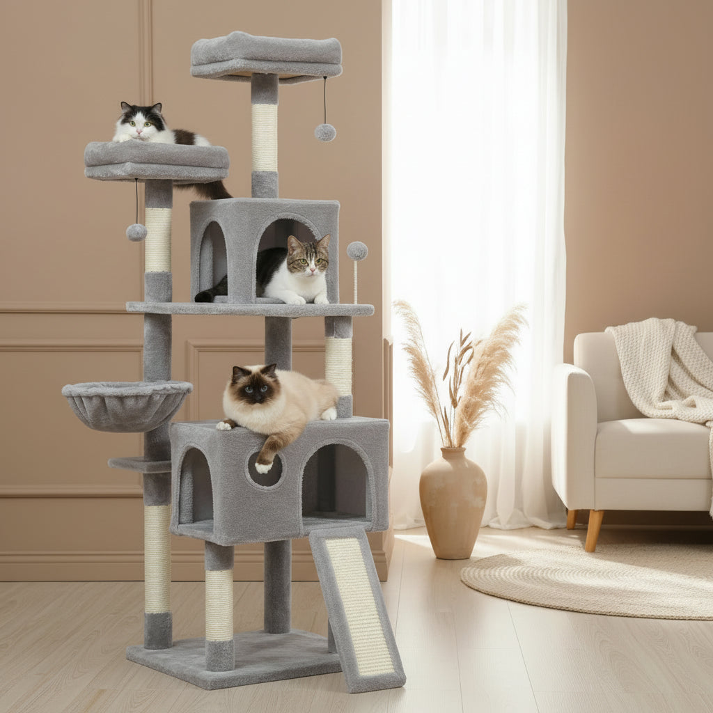 Arbre à chats gris chats multiples
