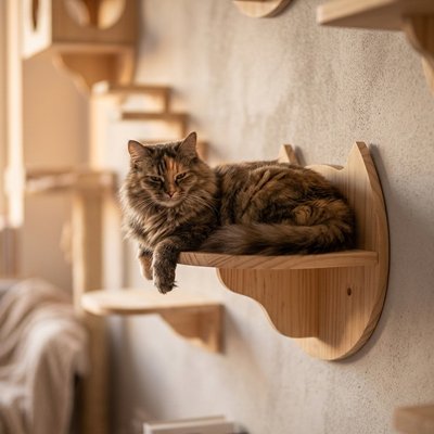 Arbre à chat mural – chat tigré allongé sur une étagère murale en bois gain de place