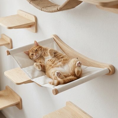 Arbre à chat mural – chat roux allongé dans un hamac en bois suspendu au mur