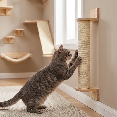 Arbre à chat mural – chaton tigré qui griffe un griffoir sisal fixé au mur