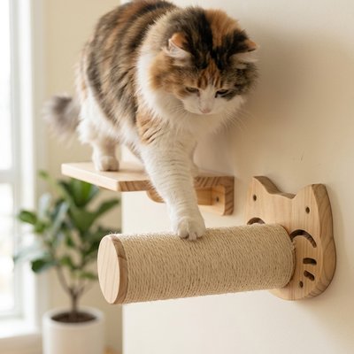 Arbre à chat mural – chat tricolore debout sur une étagère murale en bois avec griffoir