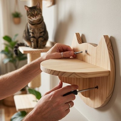Arbre à chat mural – installation d'une étagère en bois avec tournevis, chat en arrière-plan