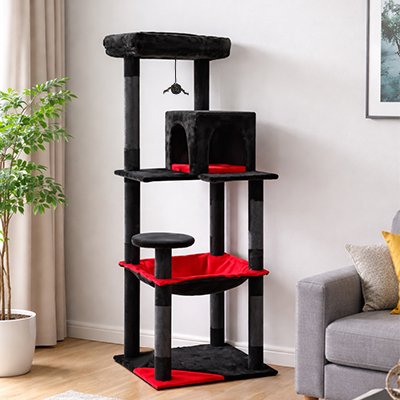 Arbre chat gothique noir et rouge avec griffoirs, hamac et niche – vue décor intérieur salon