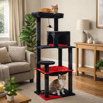 Arbre chat gothique noir et rouge avec chat roux sur la plateforme supérieure et chat tigré à la base