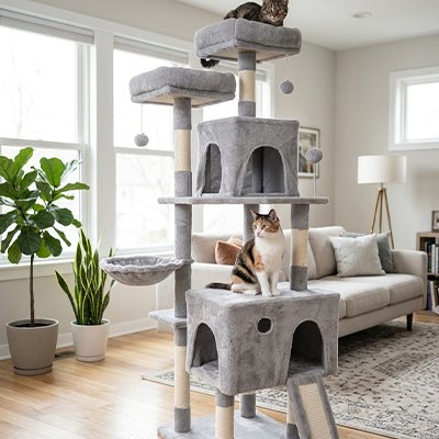 Arbre pour chat Palais Impérial avec double niche et perchoirs dans un salon moderne