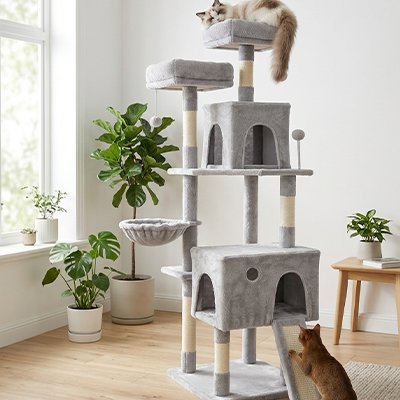 Arbre pour chat Palais Impérial avec chat blanc sur le perchoir supérieur