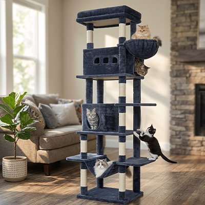 Arbre à chat XXL Tour du Roi coloris noir avec griffoir et perchoirs multiples