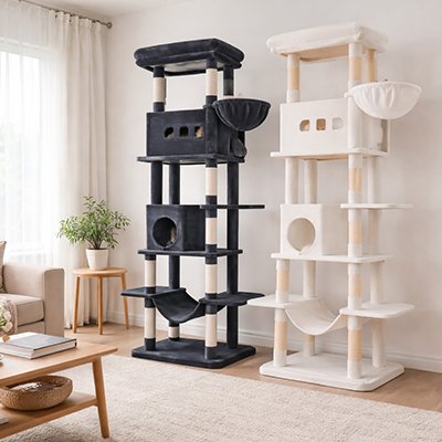 Arbre à chat XXL Tour du Roi noir et blanc dans un salon moderne