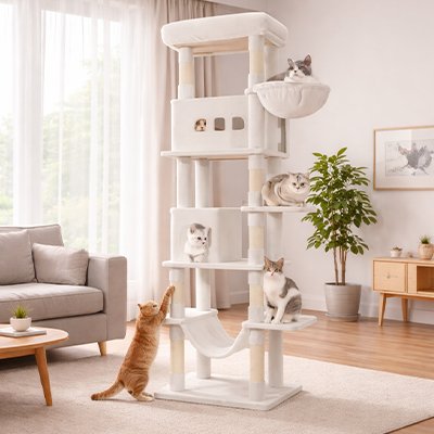 Arbre à chat XXL Tour du Roi coloris blanc dans un salon lumineux
