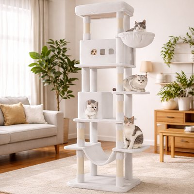 Vue de profil arbre à chat XXL Tour du Roi avec niche et hamac