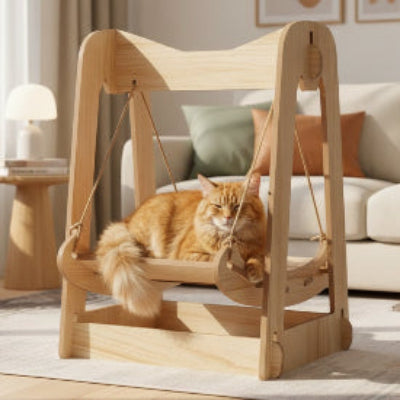 Chat roux dans sa balançoire en bois naturel dans le salon