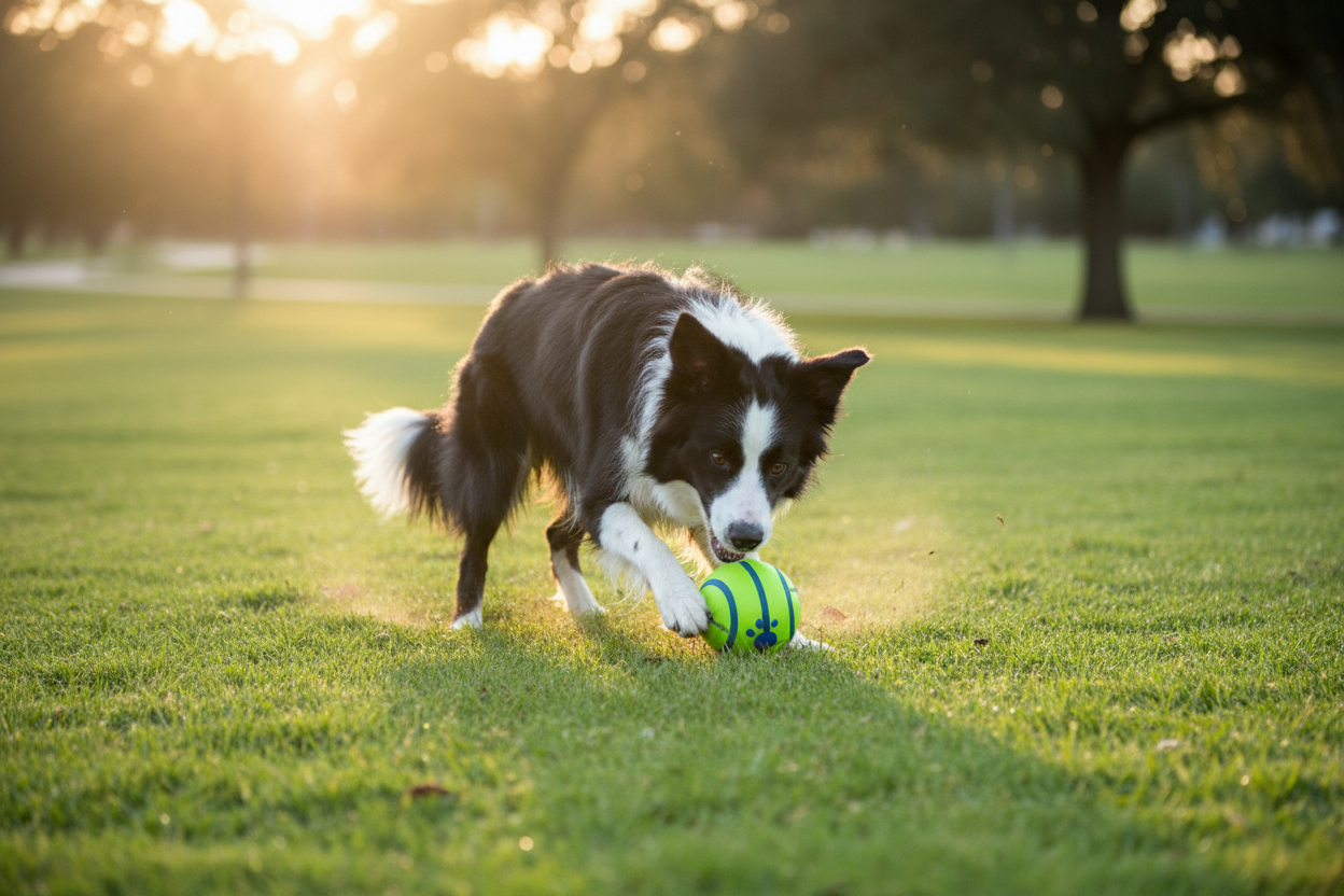 Balle pour chien – Border Collie poussant la balle giggle verte dans un parc en plein air