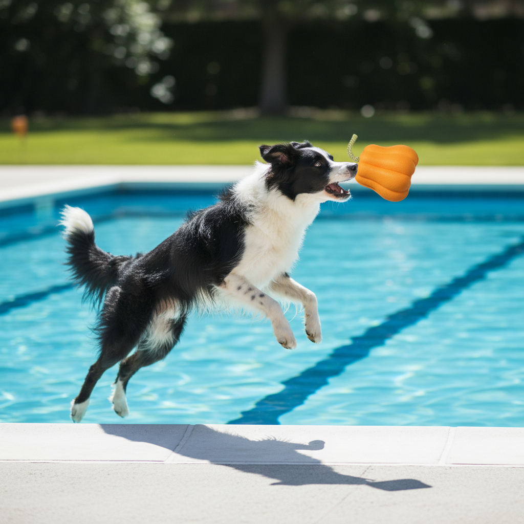 Jouets interactifs pour chiens – border collie attrapant le jouet PumpkinPull près d'une piscine