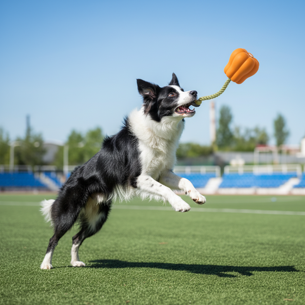 Jouets interactifs pour chiens – border collie sautant pour attraper le jouet PumpkinPull au stade
