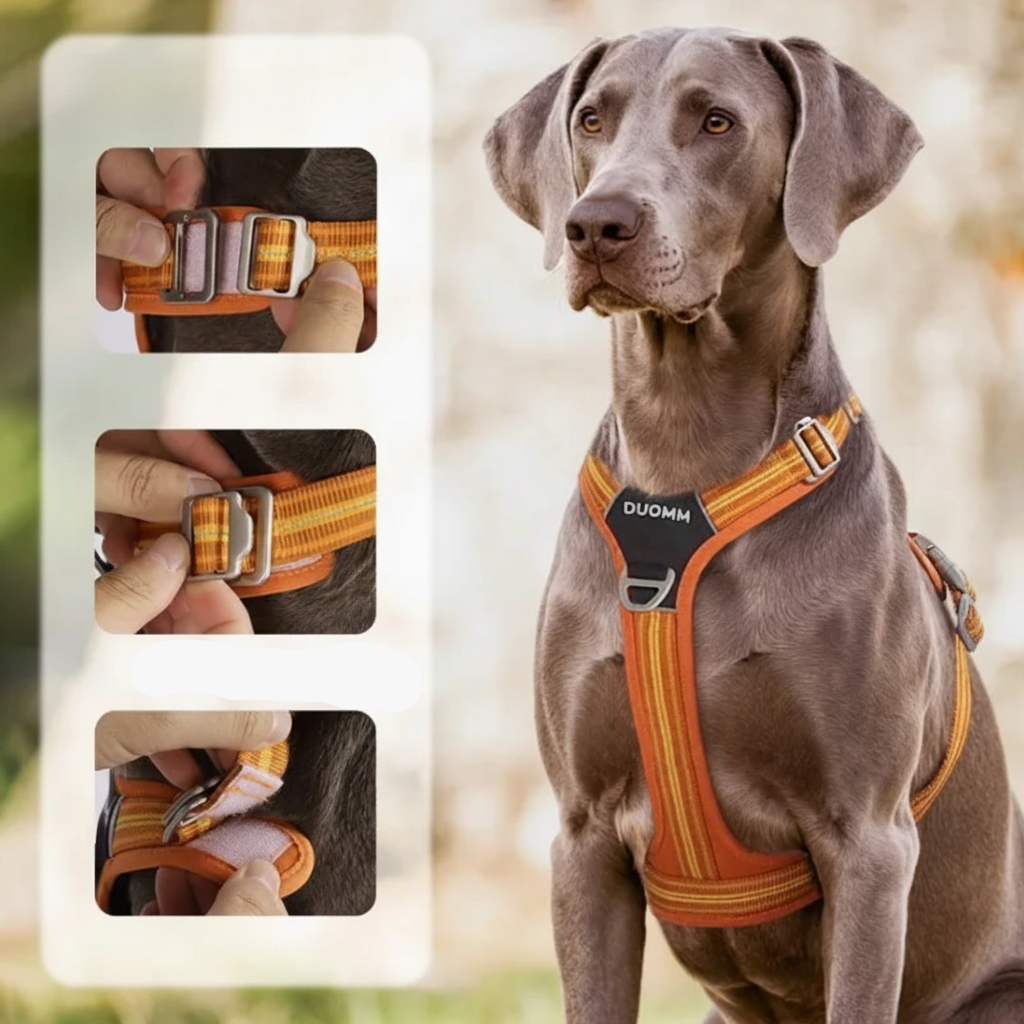 Harnais confortable chien réglable sur grand chien brun de profil
