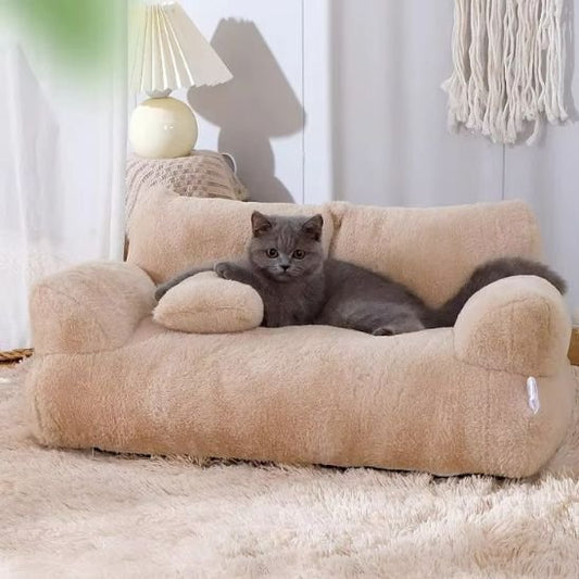 Canapé chat Sofa Relax™ beige peluche sherpa avec chat gris — vue principale
