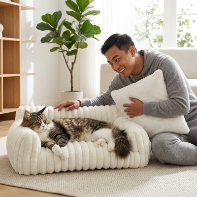 Femme et chat sur canapé pour chat FéliSofa™ — panier douillet design nervuré