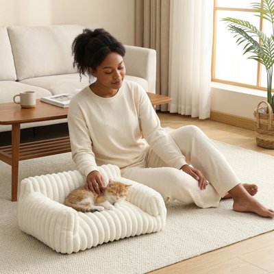 Canapé pour chat FéliSofa™ beige crème nervuré avec femme et chat dans salon moderne