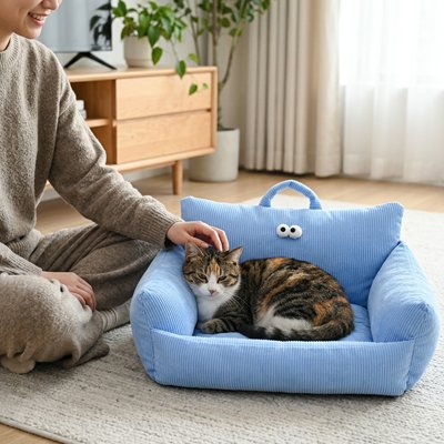 Panier pour chat Confort Douillet bleu avec yeux grenouille - vue principale