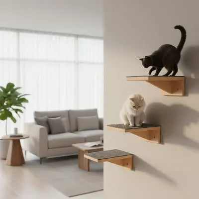 Chat qui grimpe sur son arbre à chat mural