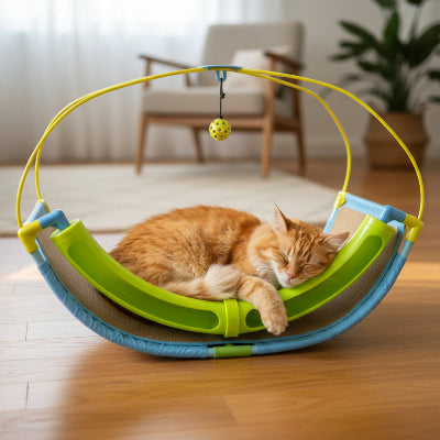 Chat roux endormi dans sa balançoire pour chat