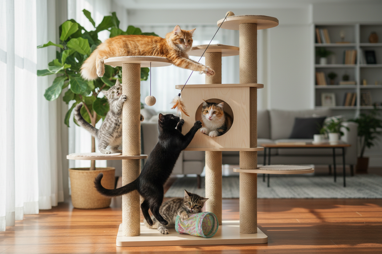 Chats s'amusent avec arbre à chats