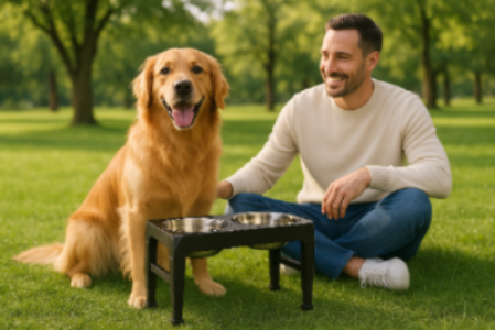 chien assis avec son maitre dans un parc près de son support gamelle chien pliable