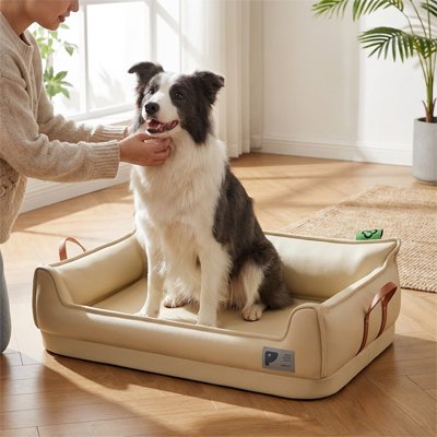 Chien assis sur son lit canapé pour chien son maître le caressant