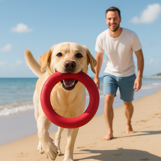 Chien avec maitre plage avec jouet chien anneau flottant gueule
