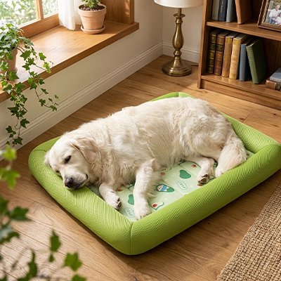 chien blanc endormi sur son Tapis rafraichissant Chien 