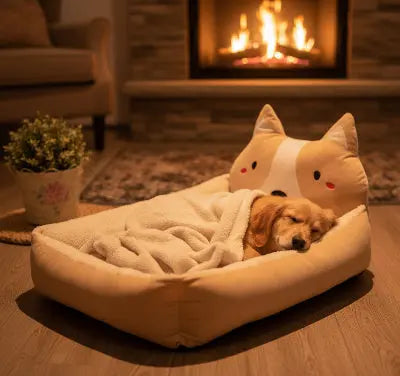 Chien dort das son panier chien près du foyer