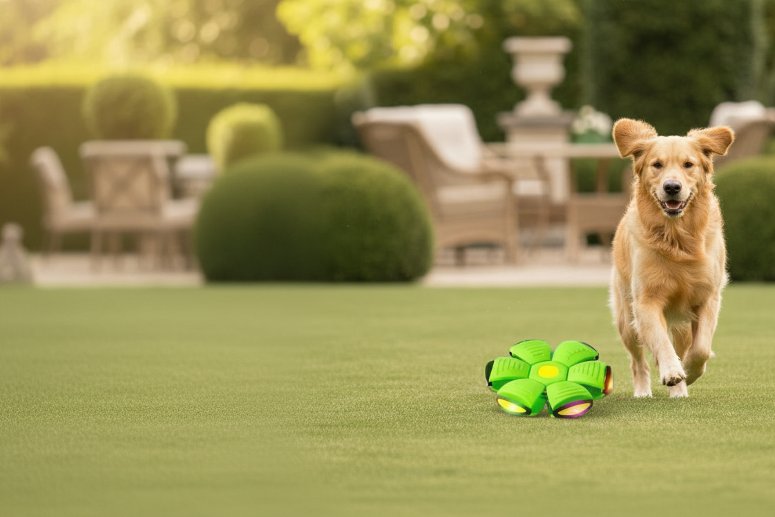 Chien heureux avec jouet interactif vert – accessoires pour chiens Royaume Animalier
