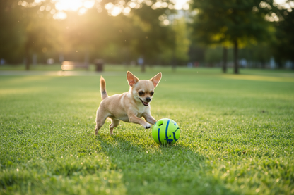 Balle pour chien – petit chien s'amusant avec la balle giggle verte au soleil