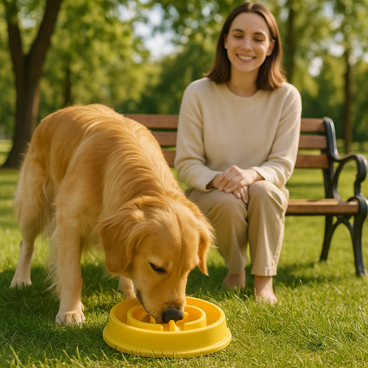 chien mange dans gamelle anti glouton chien antidérapante au parc avec son maitre
