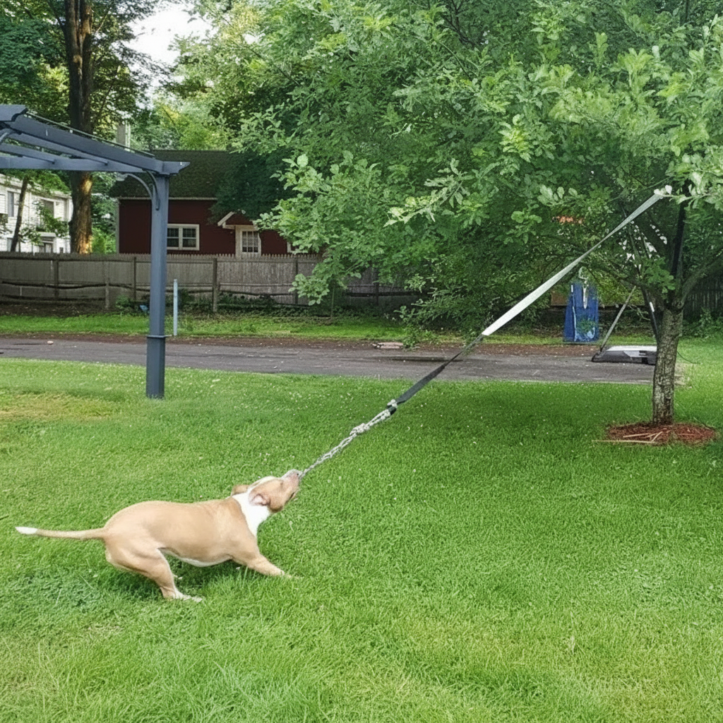 Jouets interactifs pour chien — chien tirant sur une corde bungee élastique attachée à un arbre dans un jardin