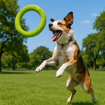 Chien saute pour attraper jouet chien anneau flottant parc