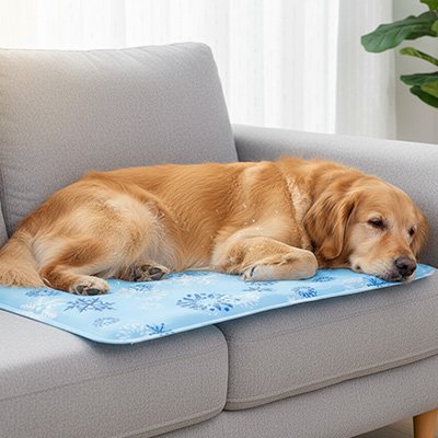Golden retriever allongé sur tapis rafraîchissant chien bleu dans le salon